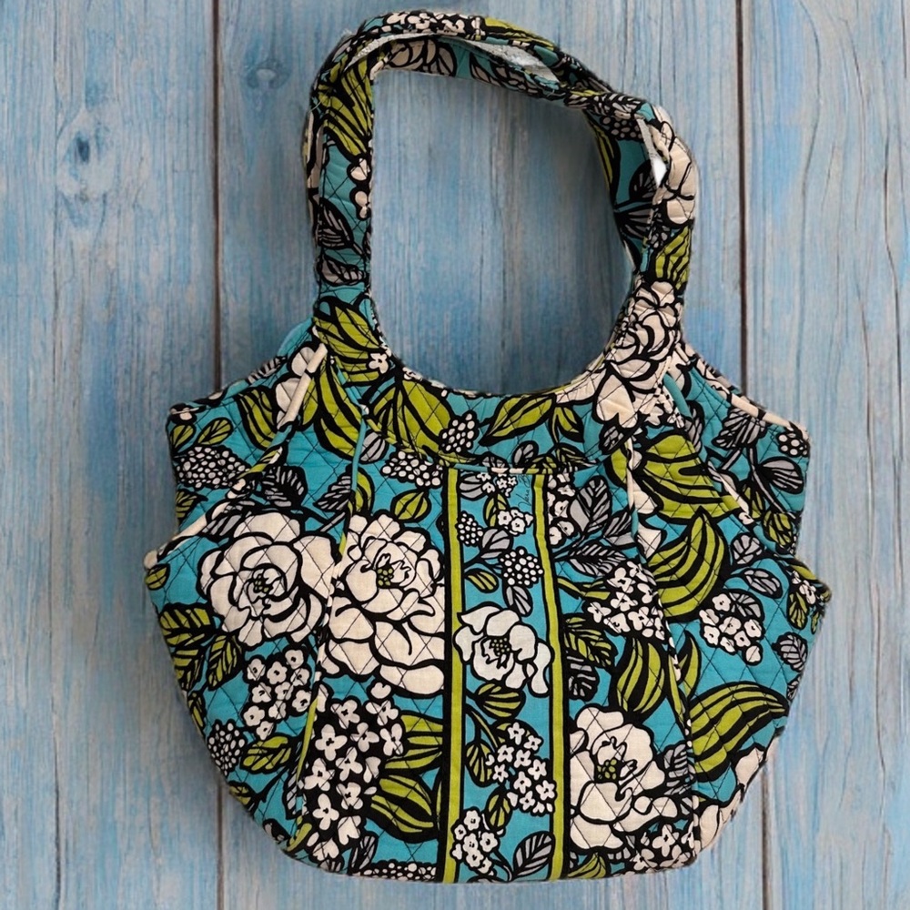 Vera Bradley Side by Side Island Blooms Large Tote Bag in Turquoise & Green EUC